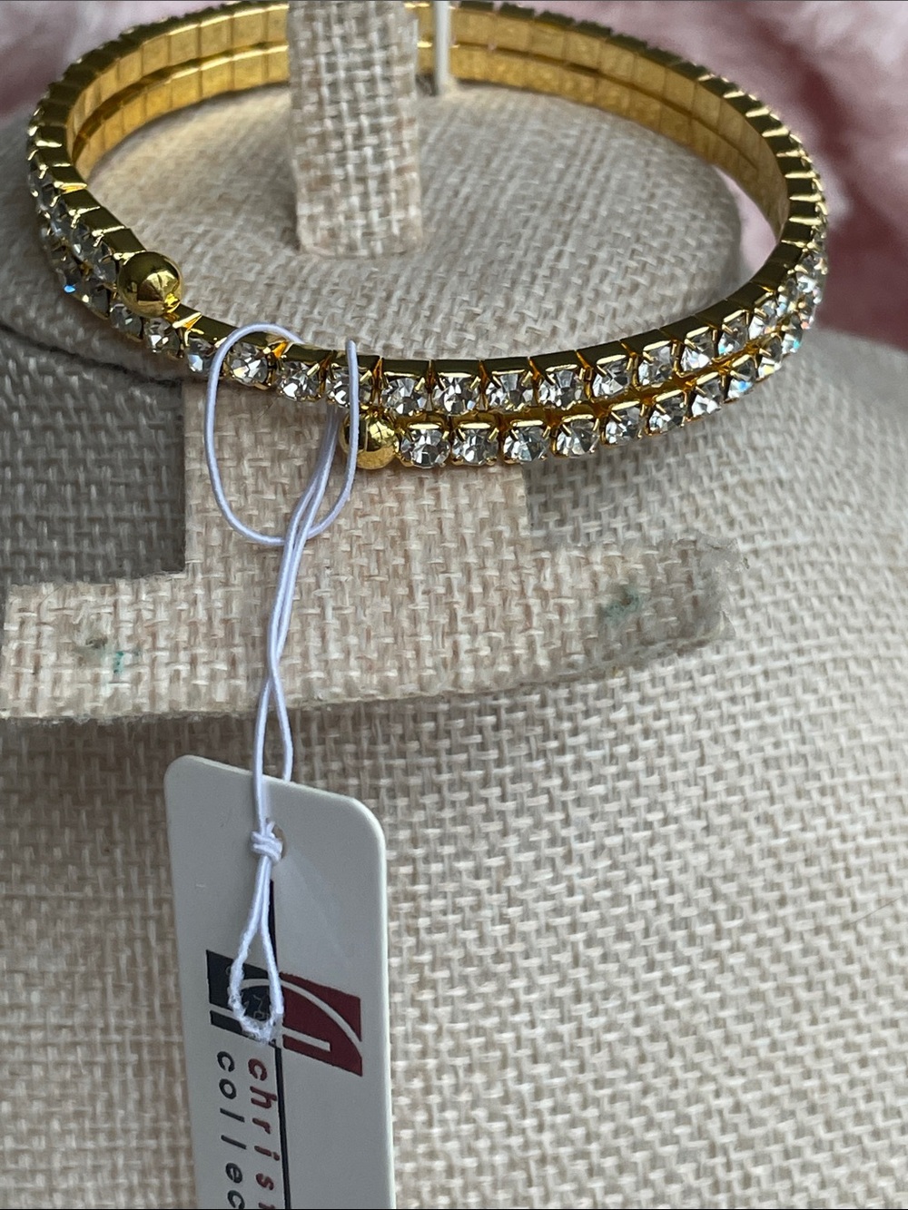 Bangle Bracelet Spiral Gold tone and Rhinestones 2 rows size 7-8 - Picture 2 of 4